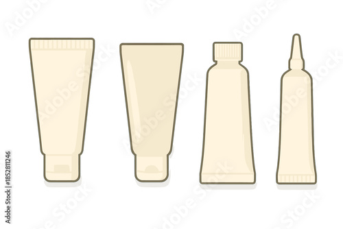 Four cosmetic tubes and bottles against a textured brown background.