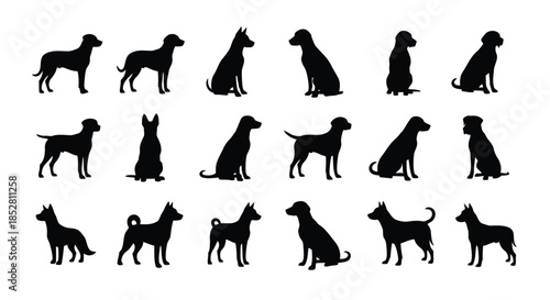 Collection of black dog silhouettes on white background vector