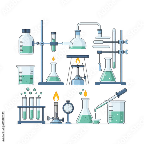 Comprehensive laboratory glassware setup including distillation and titration instruments for