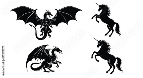 Black silhouettes of dragons and unicorns on white background vector