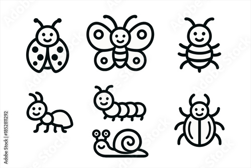 Set of cute cartoon insects with smiley faces