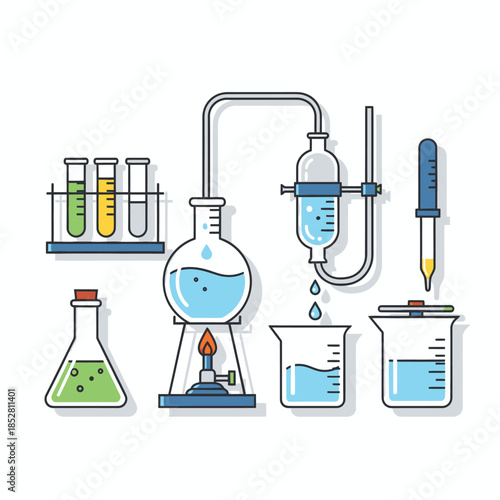 Laboratory glassware setup with chemicals and apparatus used for scientific experiments and research