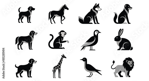 Collection of black and gray animal silhouettes on white background vector