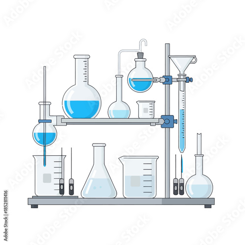 Scientific laboratory equipment setup with test tubes flasks and measurement tools for chemical
