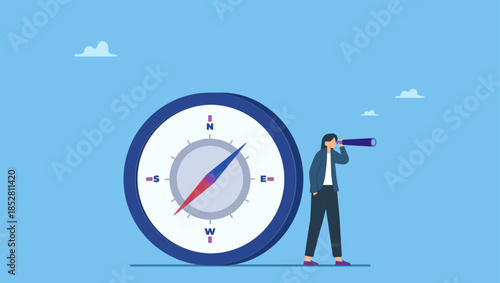 Smart businesswoman standing with big compass look through spyglass or telescope. Female leadership, woman vision to lead direction, gender equality to embrace woman in business management.