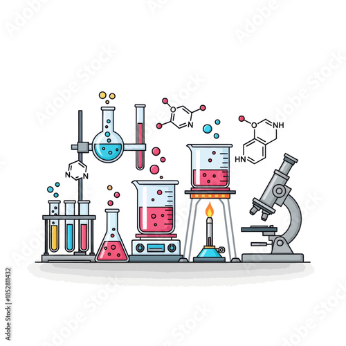 Dynamic Illustration of a Scientific Laboratory with Equipment and Chemical Reactions in Action