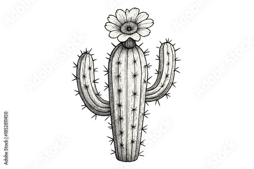 Black and white illustration of a cactus with a flower on top