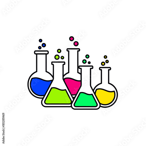 Colorful Laboratory Flasks Filled with Vibrant Liquids in a Scientific Illustration