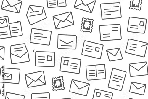 Seamless Pattern of Mail and Stamps on Gray Background