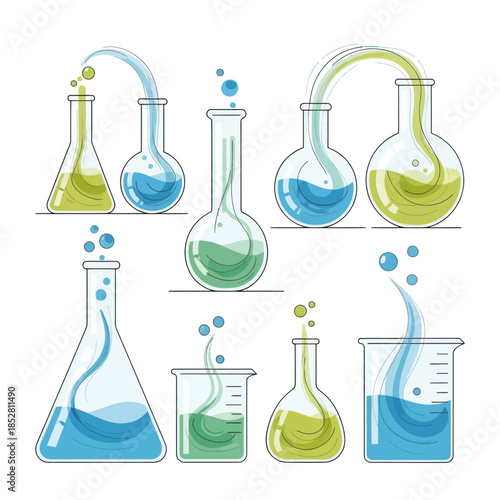 Collection of colorful laboratory glassware including beakers flasks and test tubes with vibrant
