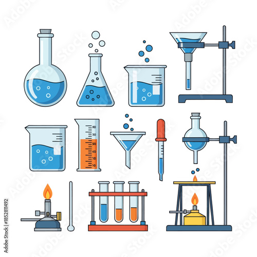 Collection of laboratory glassware and scientific apparatus for chemical experiments and research