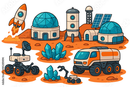 Martian Base with Spaceship and Rovers