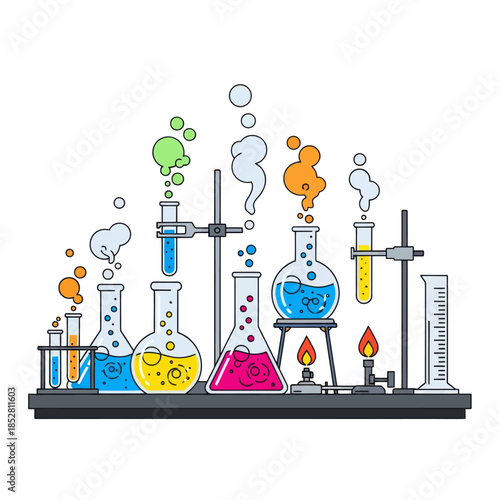 Colorful Laboratory Glassware with Chemical Solutions and Rising Bubbles in a Scientific