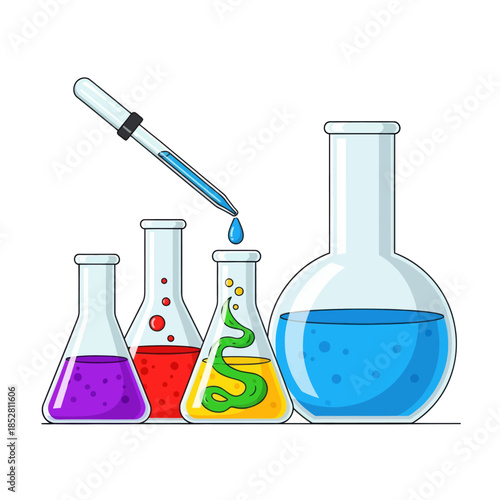 Laboratory glassware containing colorful liquids and a pipette for experiments and chemical