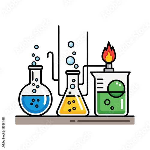 Illustration of a Modern Chemistry Laboratory with Test Tubes and Bunsen Burner
