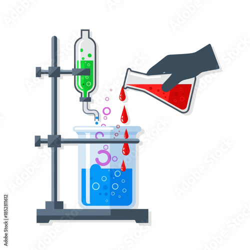 Laboratory glassware with colorful liquids being mixed and transferred for scientific experiments