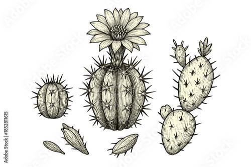Hand-drawn desert plants with blooming flower