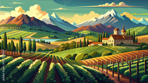 Very beautiful alpine vineyard landscape in South Tyrol featuring neat rows of vines, mountain peaks, and crisp light, blending agricultural order with dramatic northern Italian scenery.