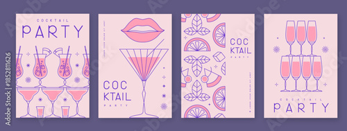 Set of line art holiday cocktail party posters with cocktail and champagne glasses. Restaurant menu design. Vector illustration