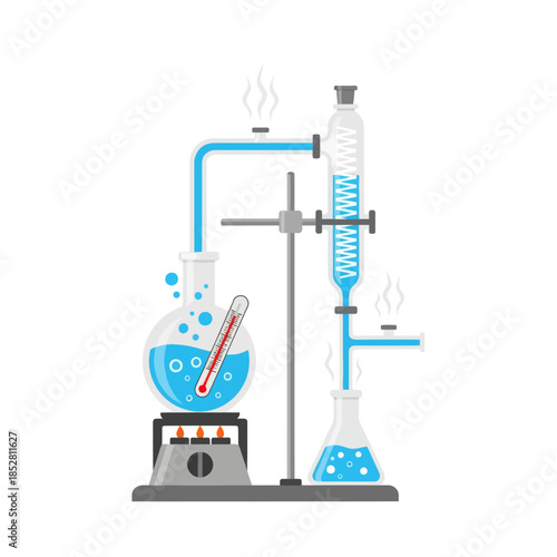 Innovative laboratory setup illustrating chemical synthesis and distillation processes in a modern