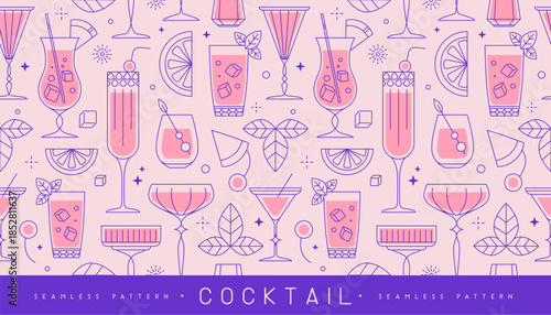 Holiday line art seamless pattern with cocktails, fruits, and champagne glasses. Restaurant menu design. Cocktail background. Vector illustration