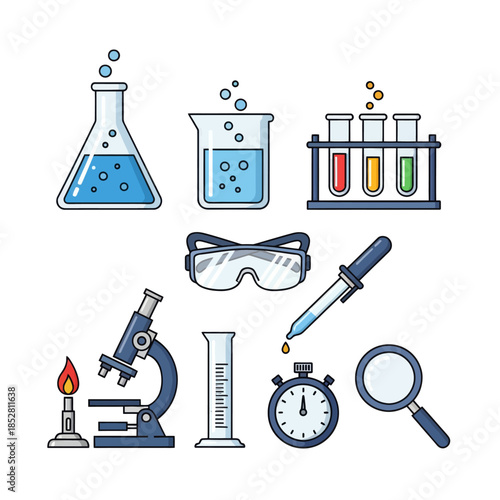 Collection of laboratory glassware and scientific instruments for chemistry experiments