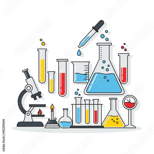 scientific laboratory equipment with colorful test tubes and glassware used for experiments