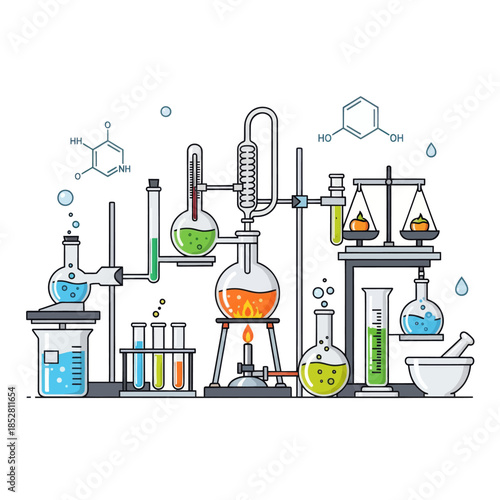 Colorful Laboratory Chemistry Equipment with Glassware and Chemical Reactions Illustration