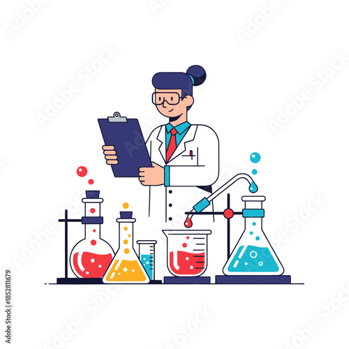 scientist conducting chemical experiments in a laboratory with various glassware and test tubes