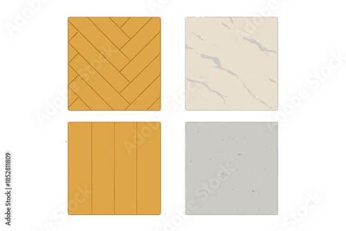 Four Square Material Samples: Wood, Marble, and Concrete