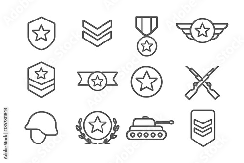 Military Icons with Stars and Awards on a Blurred Background