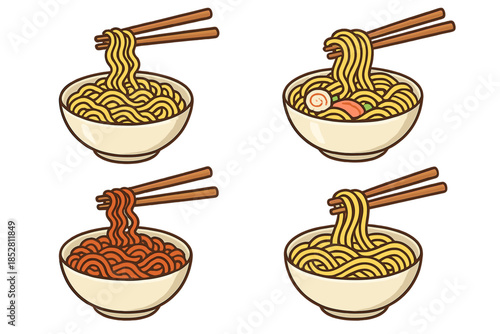 Four bowls of ramen with chopsticks