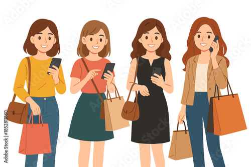 Four friends shopping and using smartphones