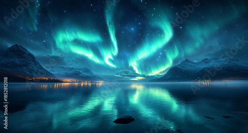 Wallpaper Mural Reflection of Aurora Borealis in Tranquil Water Among Frozen Mountains — Nature, Cinematic Landscape, Wallpaper, Panoramic Torontodigital.ca