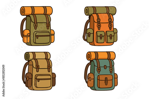 Four colorful hiking backpacks with rolled sleeping mats on top