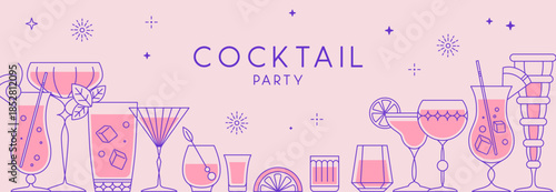 Holiday line art cocktail party poster or banner with cocktail and champagne glasses. Restaurant menu design. Vector illustration