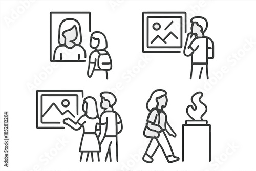 People visiting an art gallery, viewing paintings and sculptures