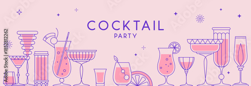 Holiday line art cocktail party poster or banner with cocktail and champagne glasses. Restaurant menu design. Vector illustration