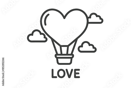 Heart-shaped hot air balloon with clouds and the word LOVE