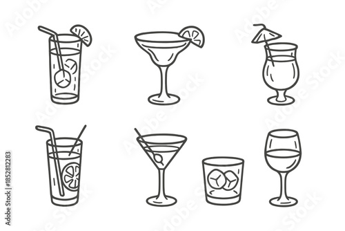 Six Cocktail Drinks and Glasses Outline