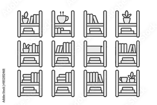 Set of 12 stylized bookshelves with various items on shelves