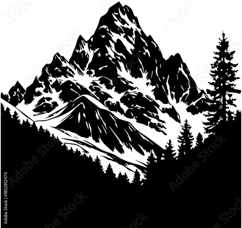 Silhouette of Mountain with Pine Forest