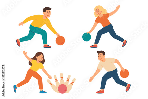 Four friends playing bowling