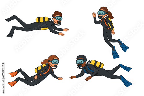 Four Divers in Black Wetsuits with Yellow Tanks