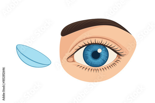 Close-up of a blue eye and a glowing contact lens