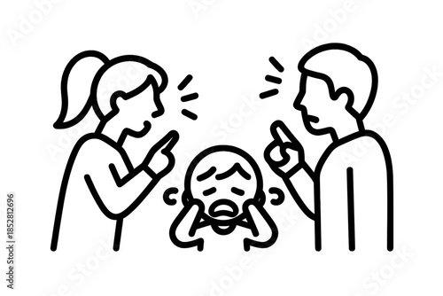 Sad child caught between arguing parents