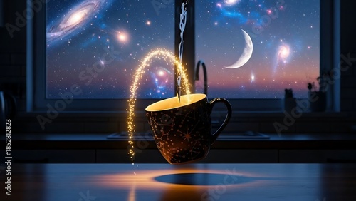 Magical coffee cup with celestial background.