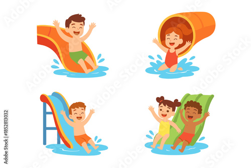 Children Enjoying Water Slides at a Water Park