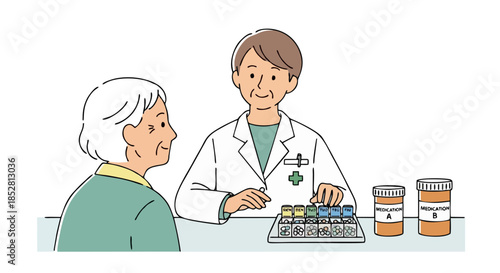 Doctor Consulting Elderly Patient in Medical Office.