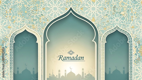 Soft Ramadan illustration with Islamic arches, mosque silhouettes, and elegant geometric patterns.